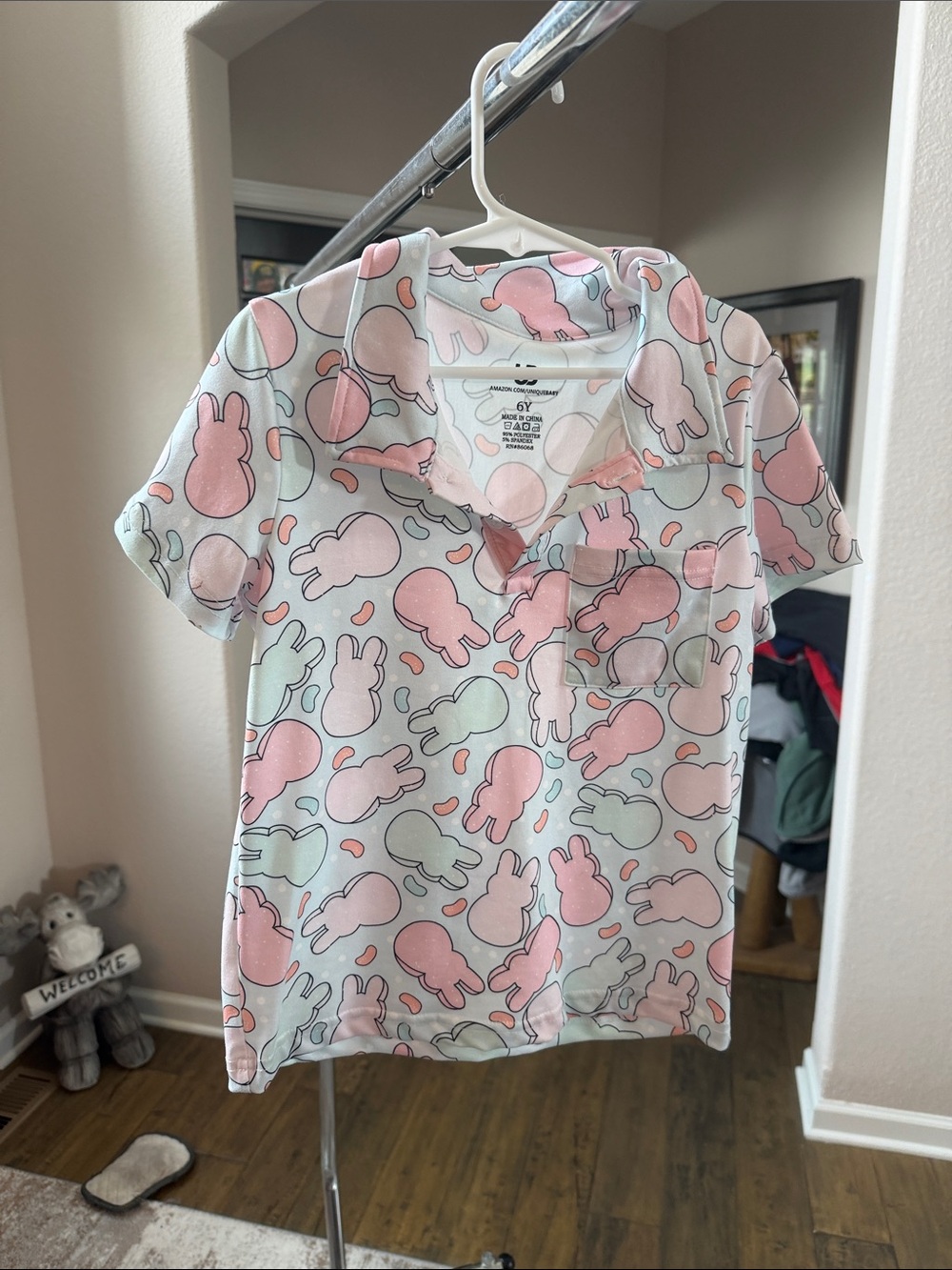 Boys Bunny Print Polo Top - Pink & Mint Size 6Y